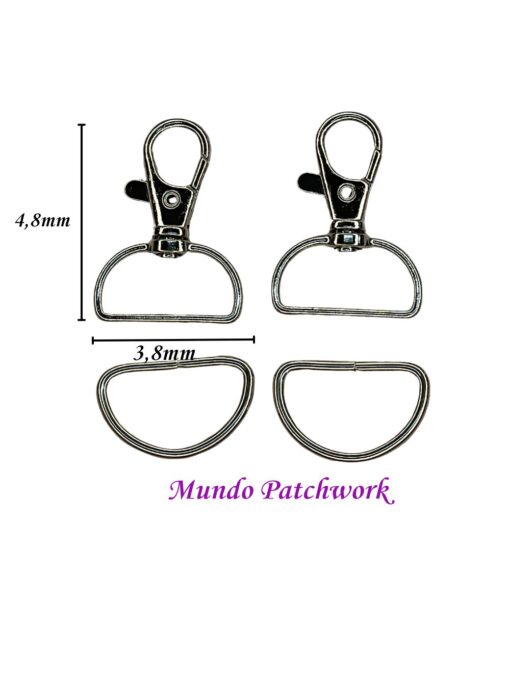 Gancho langosta metalico mide 48 x 38mm x 2 unidades + 2 argollas color plata