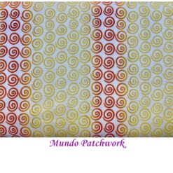 Tela DV 004513, 100% algodón, diseño espiral, color amarillo-naranja mide 1.10 mt, ancho x 30 cm