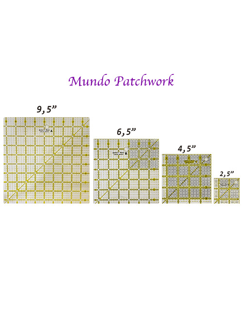 Kit reglas patchwork 9,5×9,5 – 6,5×6,5 -4,5×4,5 – 2,5×2,5 pulgadas –  MundoPatchwork