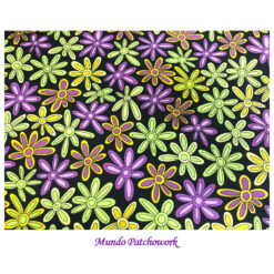 100% algodón, fondo negro, diseño flores