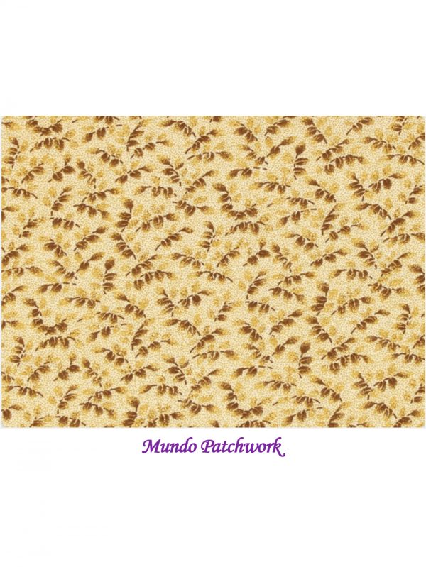 Tela 100% algodón, color fondo beige, hojitas café mide 110cm ancho x 30 cm.