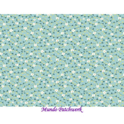 100% algodón, fondo turquesa suave, flores blanca