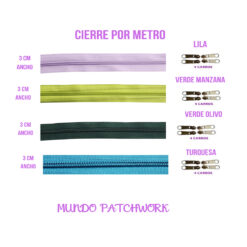 Cierre por metro, mide 3cm ancho x 1 mt, dientes plásticos, con 4 carros, se venden por unidad