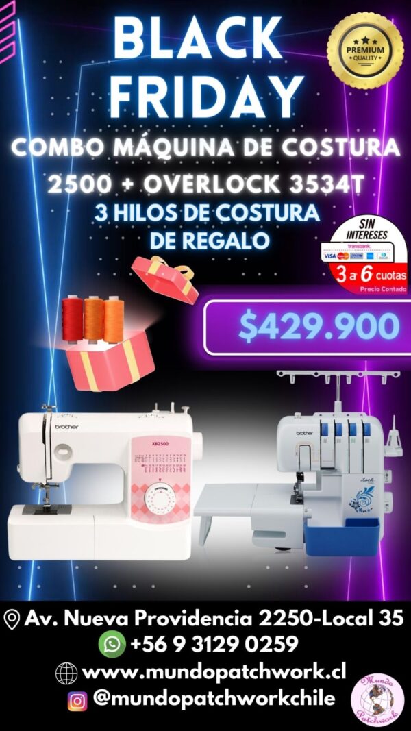 Combo BROTHER 004 - MAQ COSER XB-2500 + OVERLOCK 3534DT + 3 hilos regalo