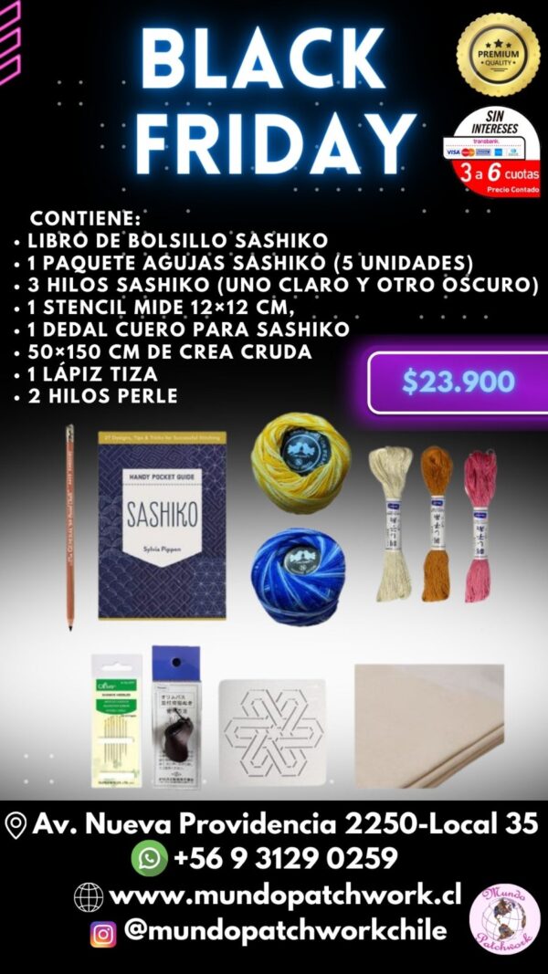 KIT Sashiko- mini libro, aguja, dedal, plantilla, crea cruda, hilos, lapiz