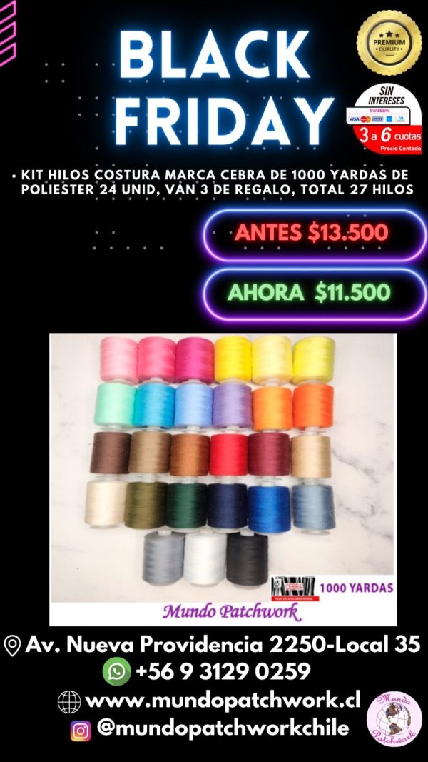 Kit Hilos costura marca CEBRA de 1000 yardas de poliester 24 unid, van 3 de regalo, total 27 hilos