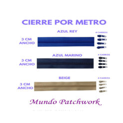 Cierre por metro, mide 3cm ancho x 1 mt, dientes plásticos, con 4 carros, se venden por unidad