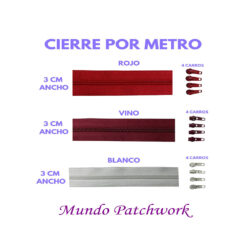 Cierre por metro, mide 3cm ancho x 1 mt, dientes plásticos, con 4 carros, se vende por unidad