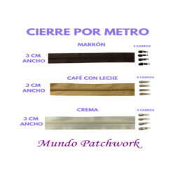 Cierre por metro, mide 3cm ancho x 1 mt, dientes plásticos, con 4 carros, se venden por unidad