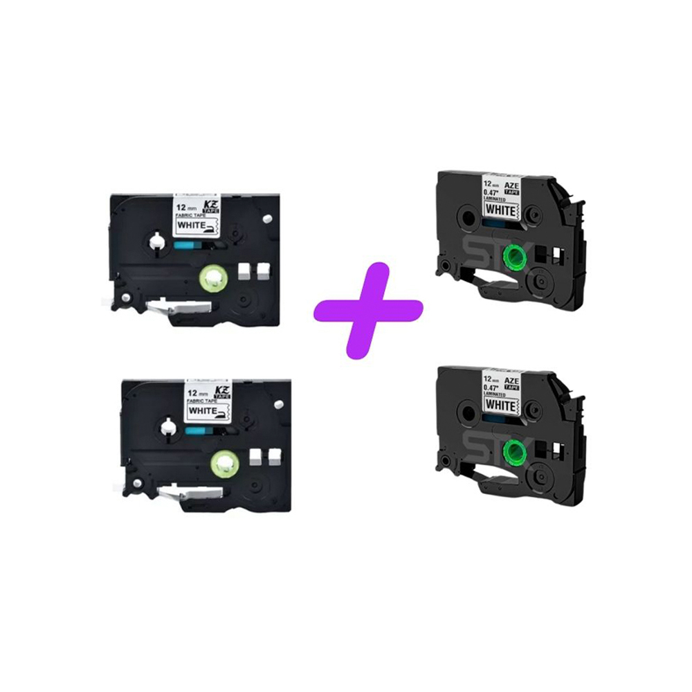 SET Cintas Alternativas x 2 para tela de 12mm X 3mt, y 2 cintas adhesivas 12mm x 8mt para Rotuladora Brother P touch
