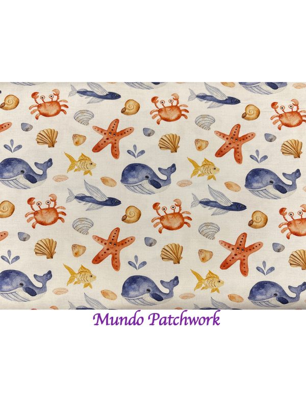 Tela 607015 100% algodón, diseño infantil mar, mide 1.10 mt. ancho x 30cm