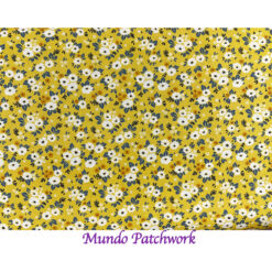100% algodón, diseño flores, fondo amarillo
