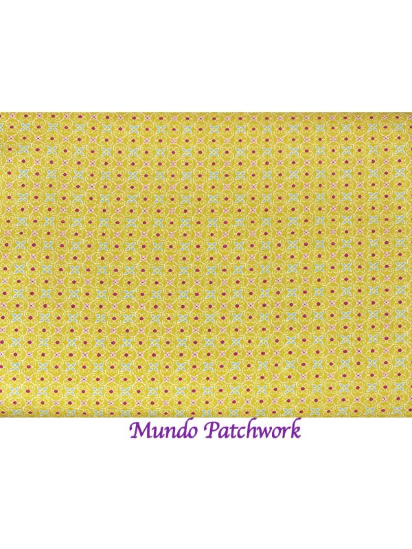 Tela FL-18560-070- 100% algodón, diseño puntos, fondo mostaza, mide 1.10 mt. x 30cm