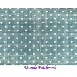 100% algodón, diseño corazones blancos, fondo verde esmeralda cuadrille jaspeado
