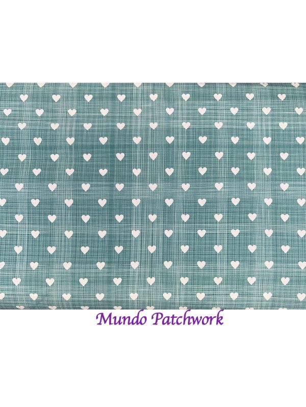 Tela FL-18560-151- 100% algodón, diseño corazones blancos, fondo verde esmeralda cuadrille jaspeado, mide 1.10 mt ancho x 30 cm