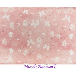 100% algodón, fondo rosado, mariposas blancas