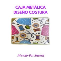 Caja metálica con diseño de Costura, mide largo 18cm ancho x 12 cm y alto 6 cm