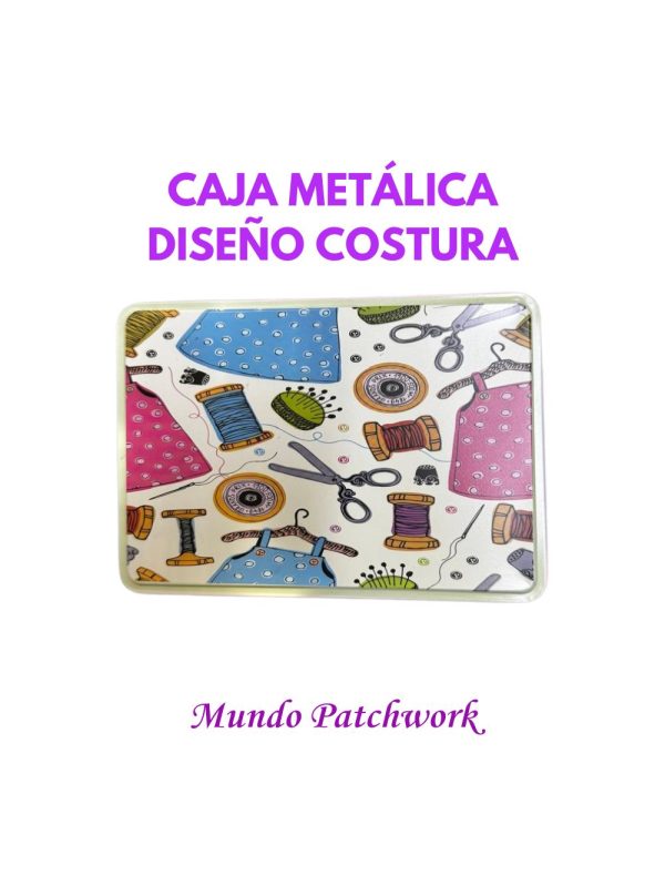 Caja metálica con diseño de Costura, mide largo 18cm ancho x 12 cm y alto 6 cm