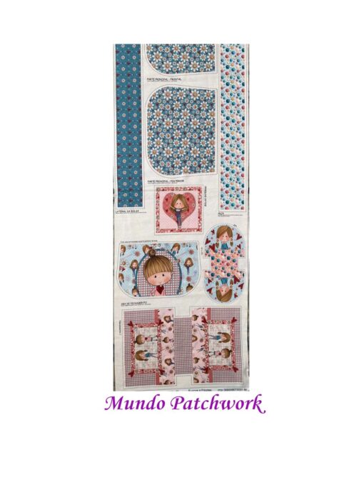 Panel 100% algodón brasilero, mide 49 x1,50mt, diseño 2 bolsos y 2 estuches Felicidad