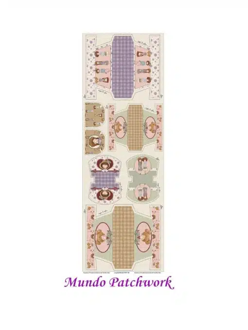 (29)Panel Tricoline 100% algodón, mide 49 x1,50mt, diseño 6 estuches Mis muñecas