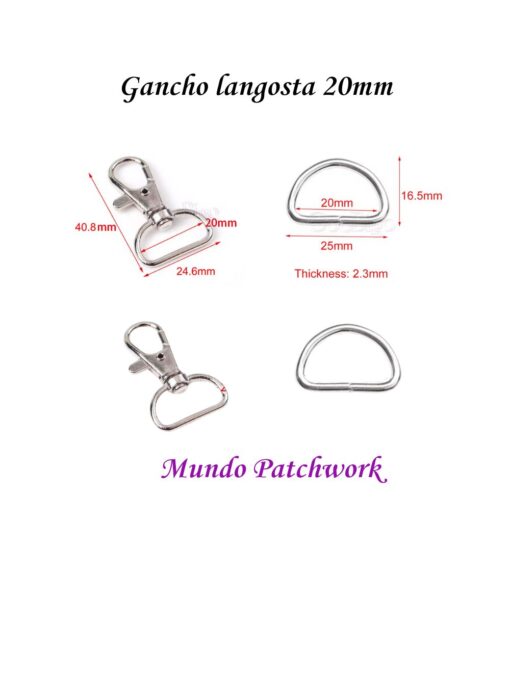 Gancho langosta metalico  mide 20 mm x 40,8 mm,  2unid + 2 argollas metálicas