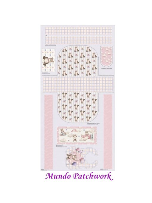 Panel Tricoline 100% algodón, mide 74x1,50mt, diseño bolso bebé y babero