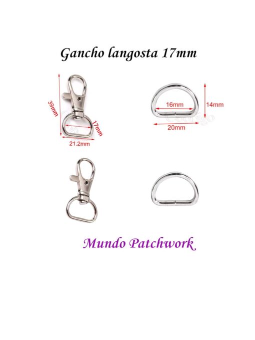 Gancho langosta metalico  mide 17 mm x 39 mm,  2unid + 2 argollas metálicas