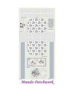 Panel 100% algodón brasilero, mide 74x1,50mt, diseño bolso bebé y babero