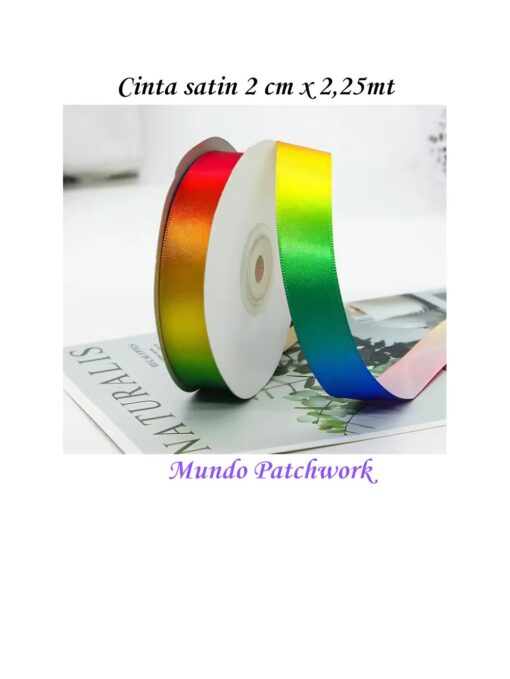 Cinta de satin arcoiris, mide 2cm ancho x 2,25 mt largo