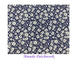 100% algodón, diseño fondo azul, flores blancas