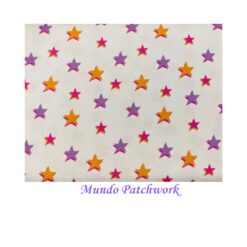 100% algodón, fondo blanco, diseño estrellas colores, mide 1.10mt ancho x 30 cmm